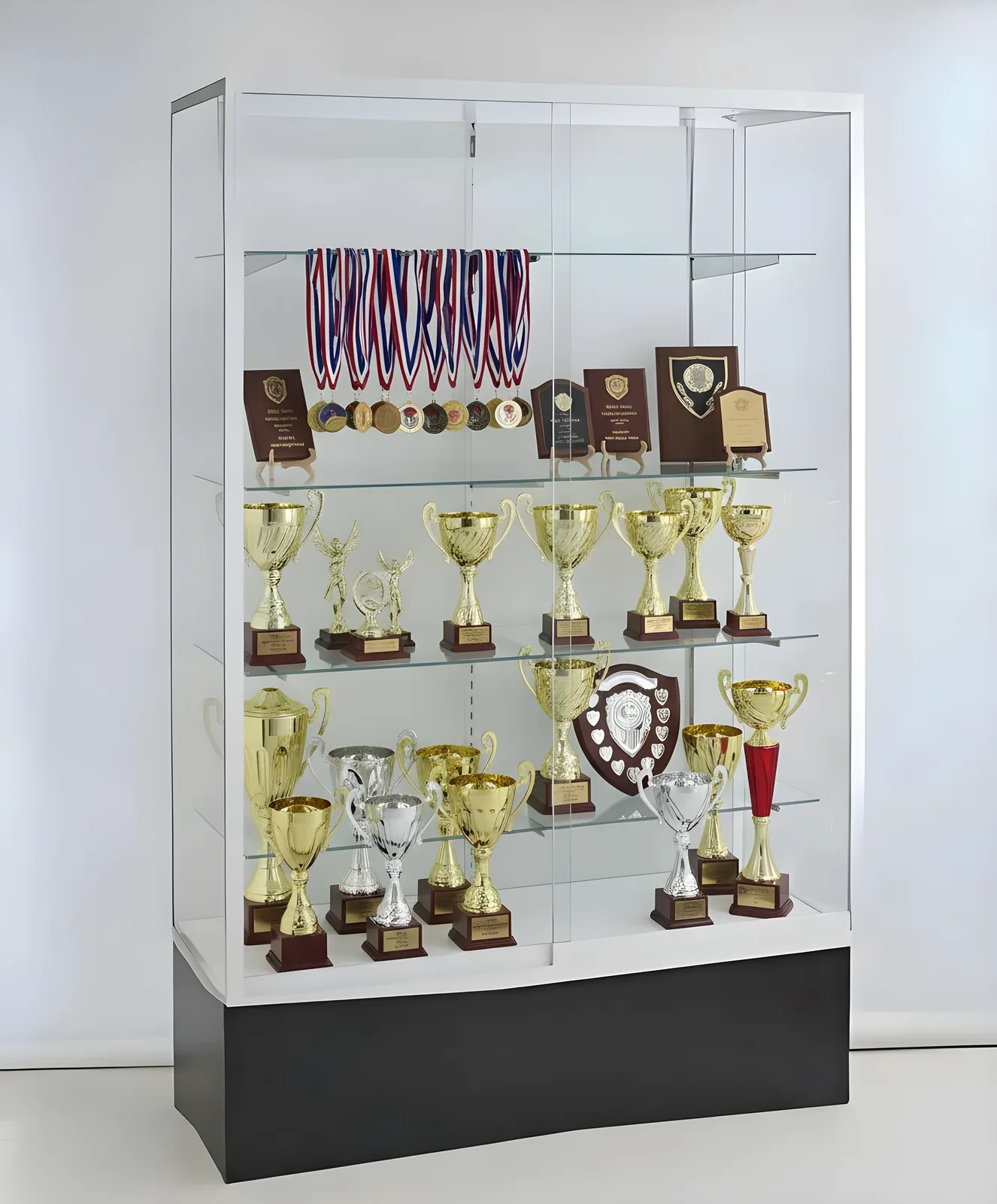 Aluminum Medal & Award Display Case Filled with Medals and Awards
