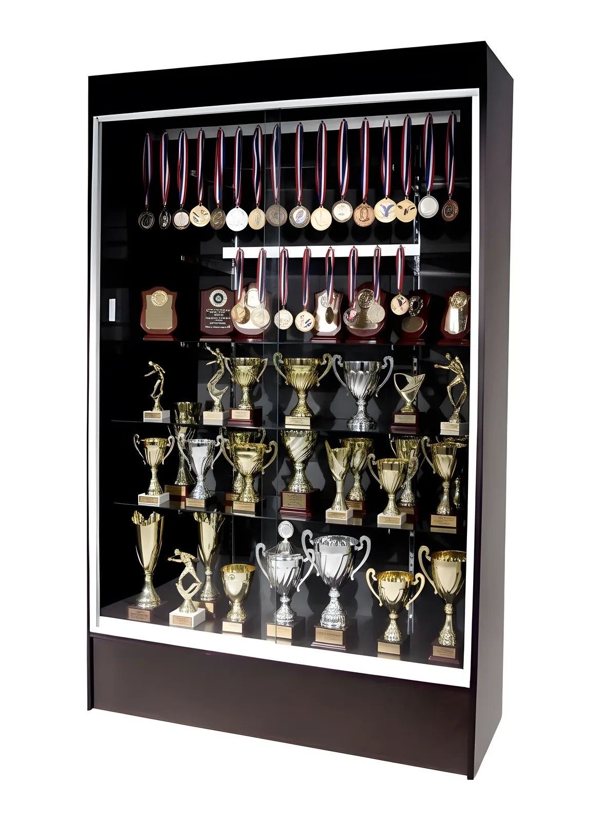 Black Trophy Display Case Filled with Trophies and Medals