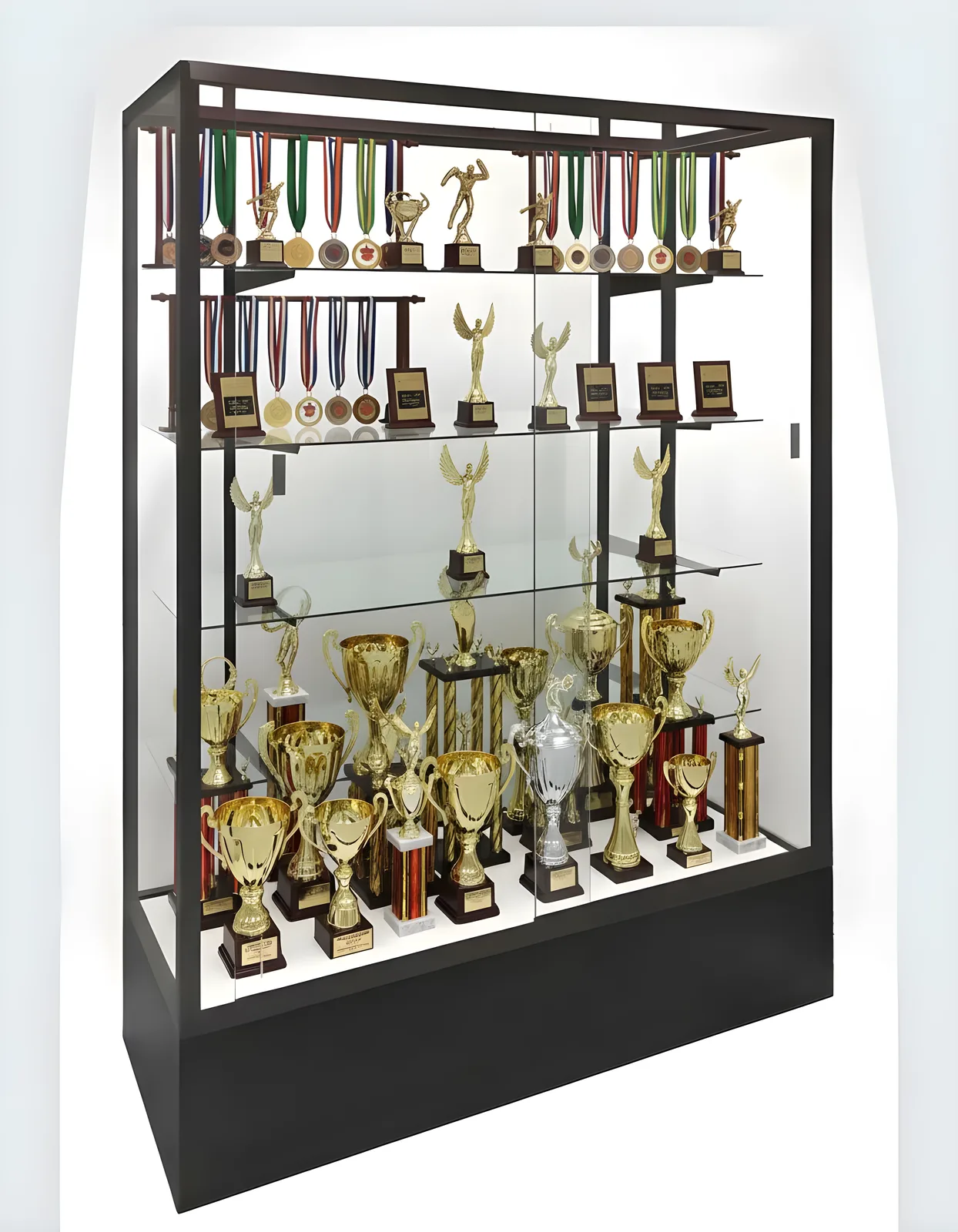 Black Wall Display Case Filled with Trophies and Medals